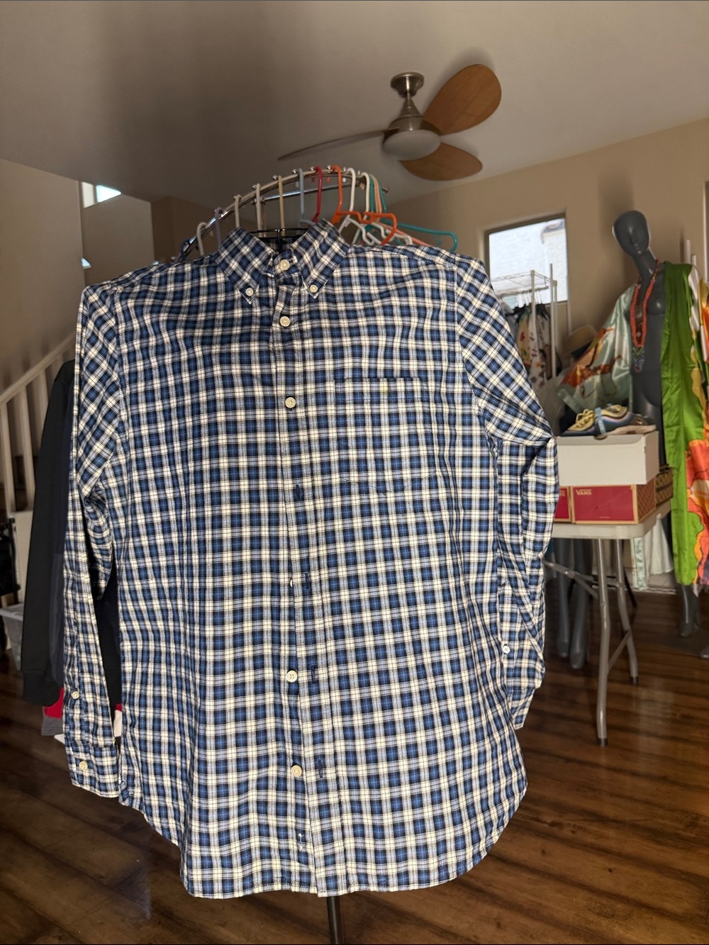 Old Navy Blue & White Plaid Button-Down Shirt